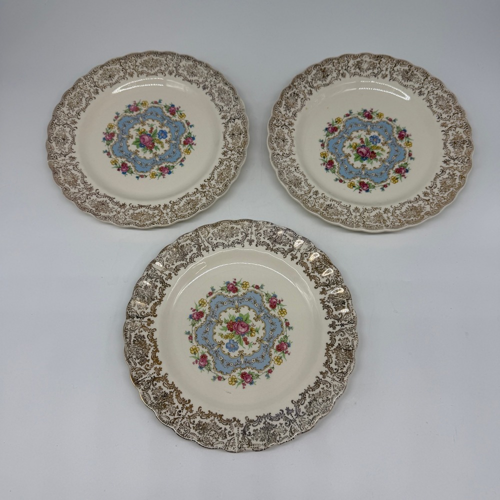 American Limoges Lyric 22K Gold Bread Plates Set of 3 Vintage Mid-Century China